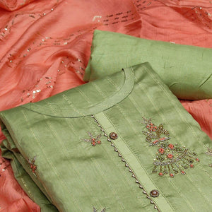 Dark Green Casual Wear Embroidered Cotton Dress Material