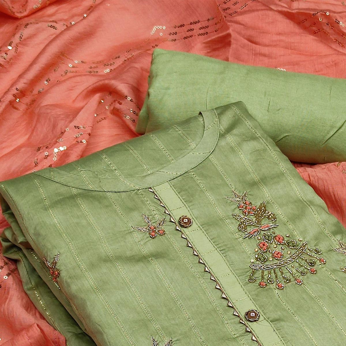 Dark Green Casual Wear Embroidered Cotton Dress Material