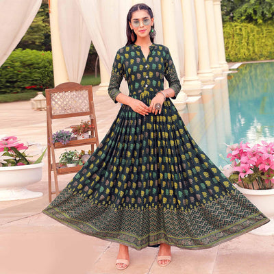 Dark Green Casual Wear Floral Printed Heavy Rayon Gown