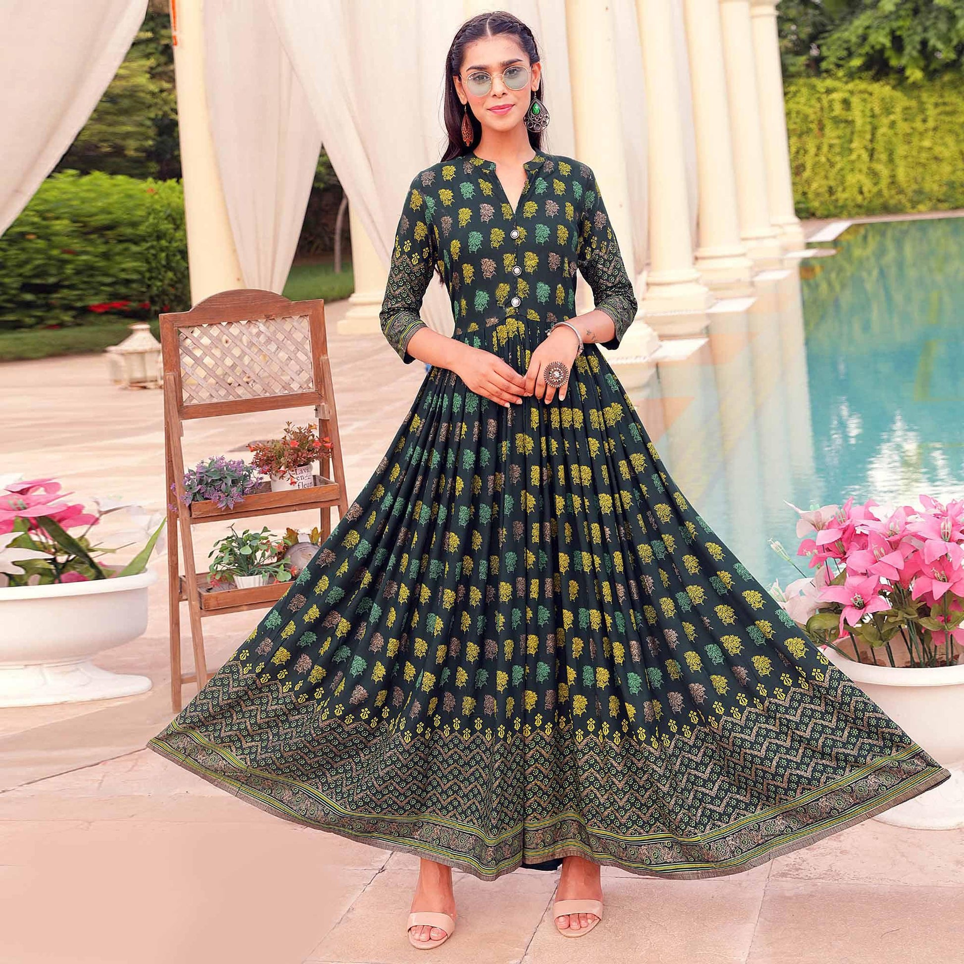 Dark Green Casual Wear Floral Printed Heavy Rayon Gown