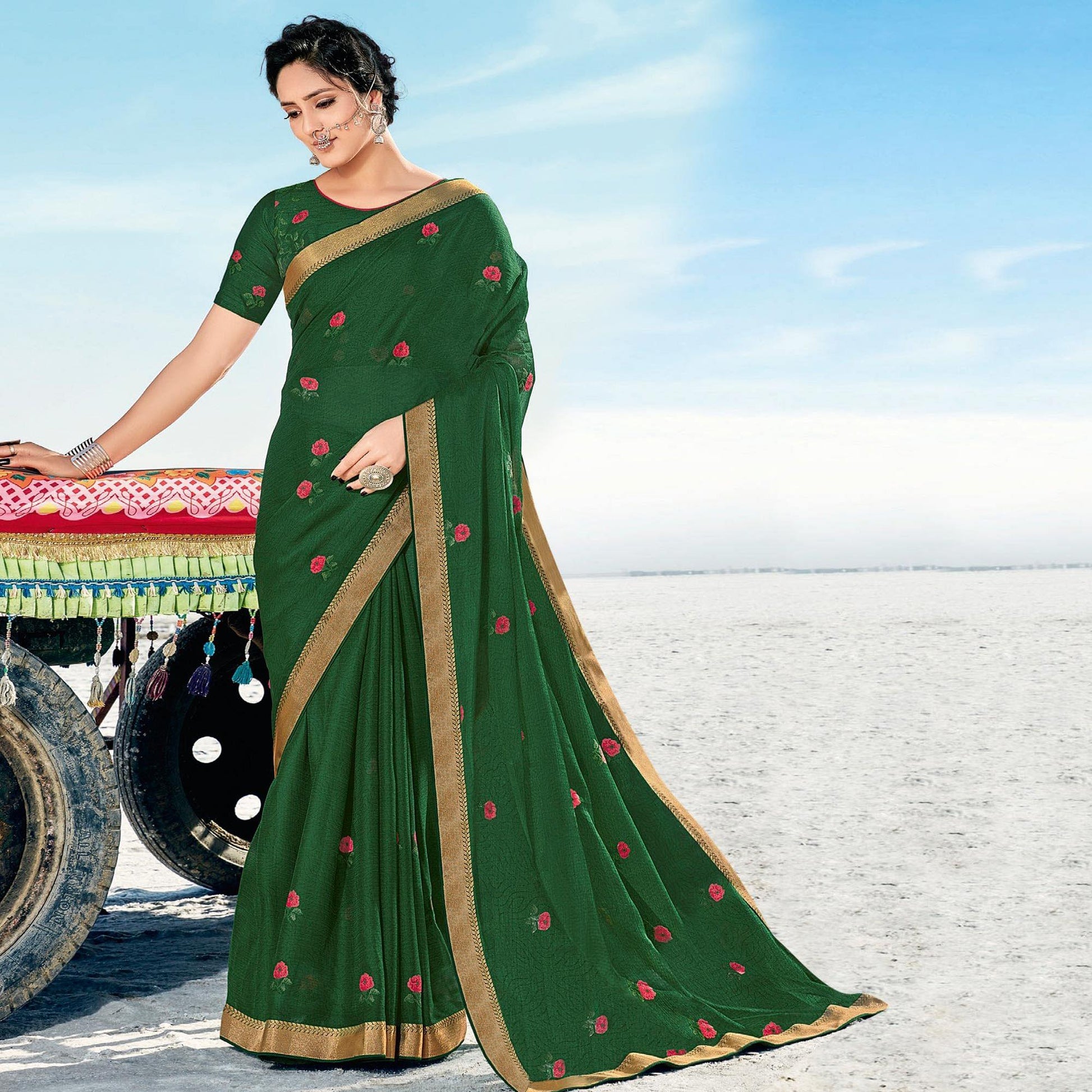 Dark Green Casual Wear Printed Chiffon Saree