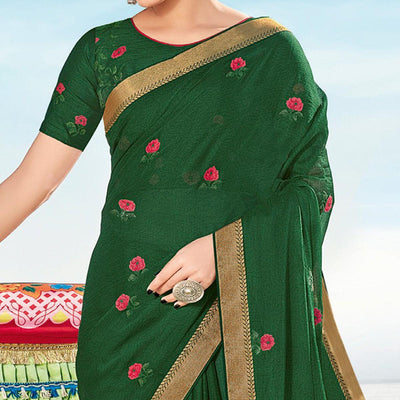 Dark Green Casual Wear Printed Chiffon Saree