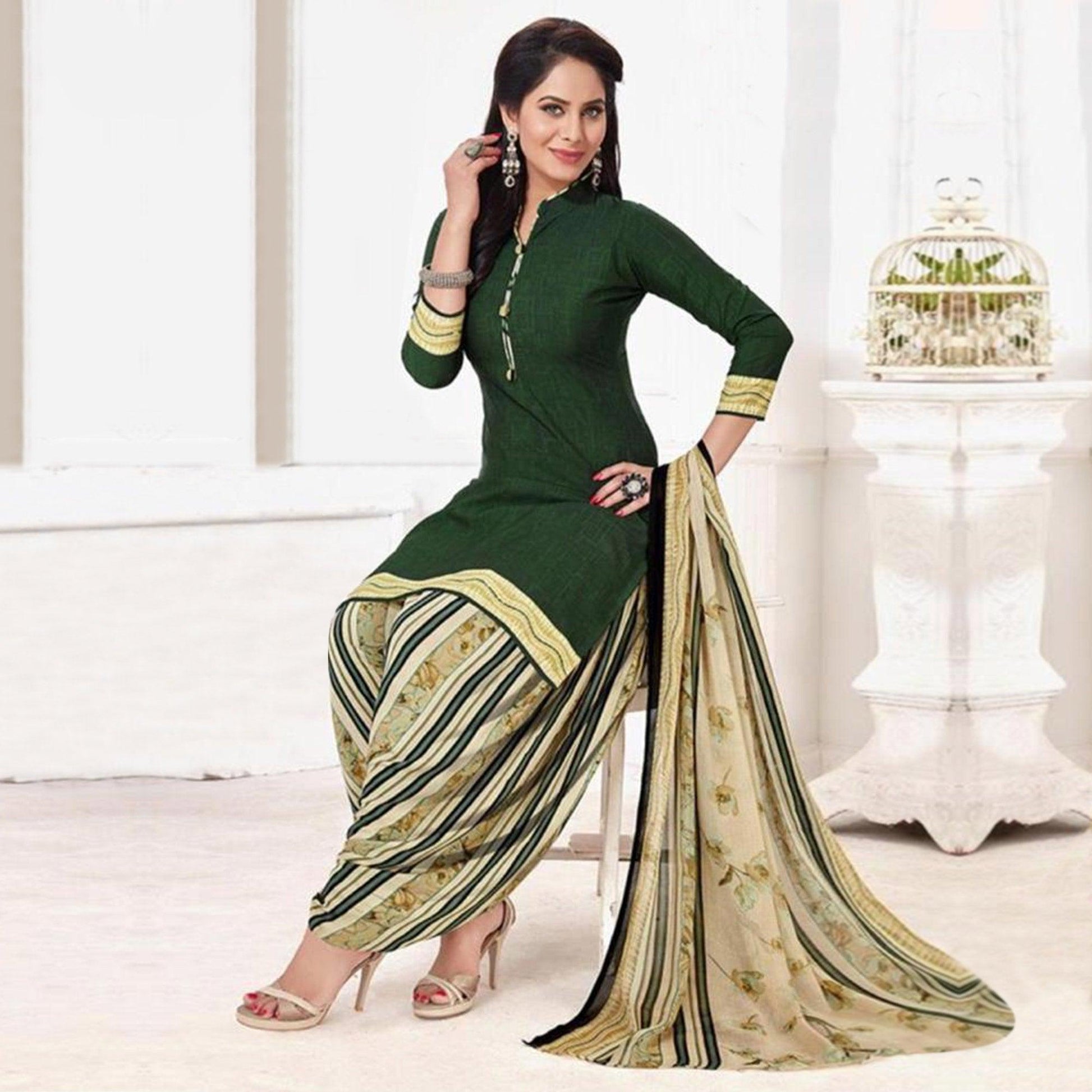 Dark Green Casual Wear Printed Leon Patiala Dress Material