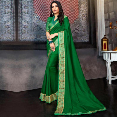 Dark Green Casual Wear Solid Silk Saree With Border