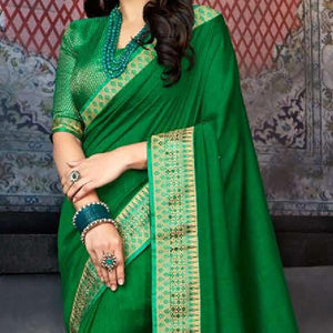 Dark Green Casual Wear Solid Silk Saree With Border