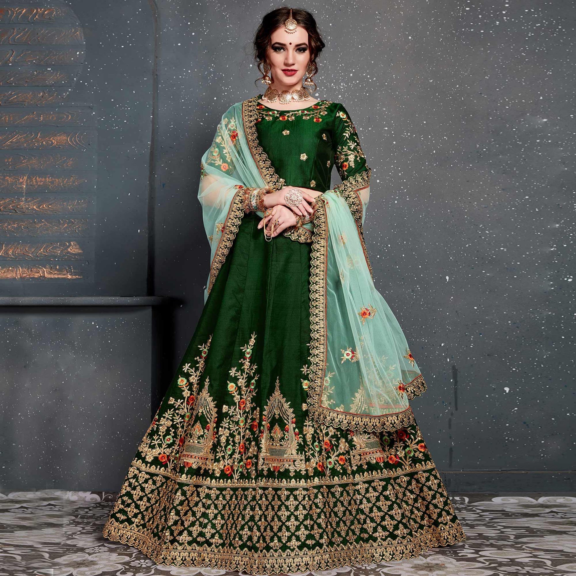 Dark Green Colored Party Wear Embroidered Tapeta Silk Lehenga Choli