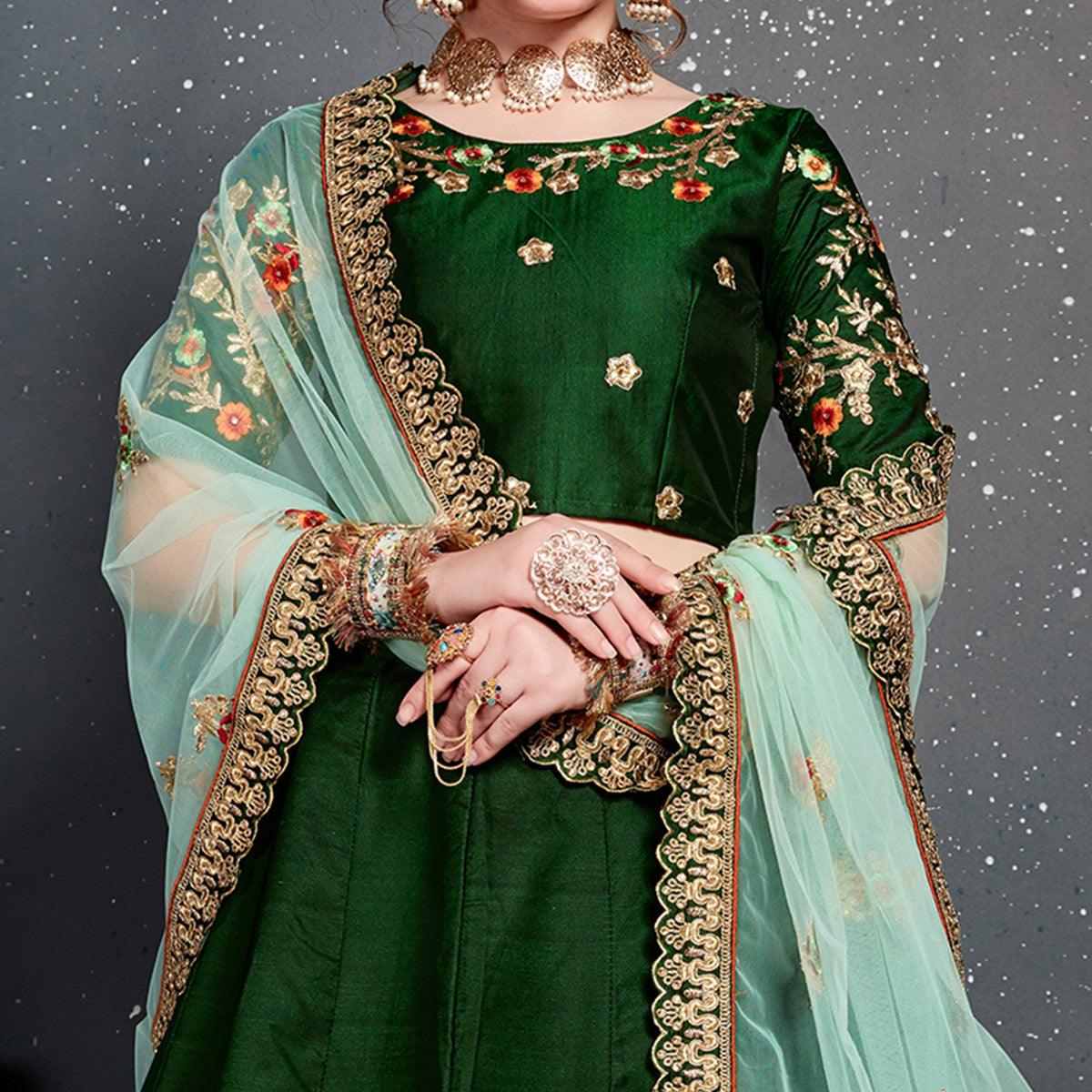 Dark Green Colored Party Wear Embroidered Tapeta Silk Lehenga Choli