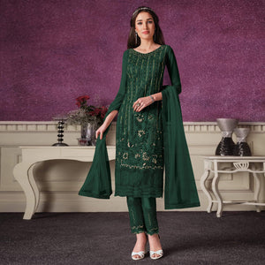 Dark Green Embroidered Butterfly Net Partywear Suit