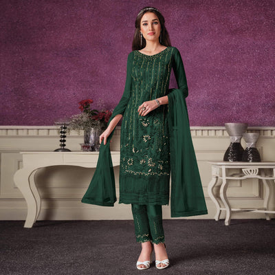 Dark Green Embroidered Butterfly Net Partywear Suit