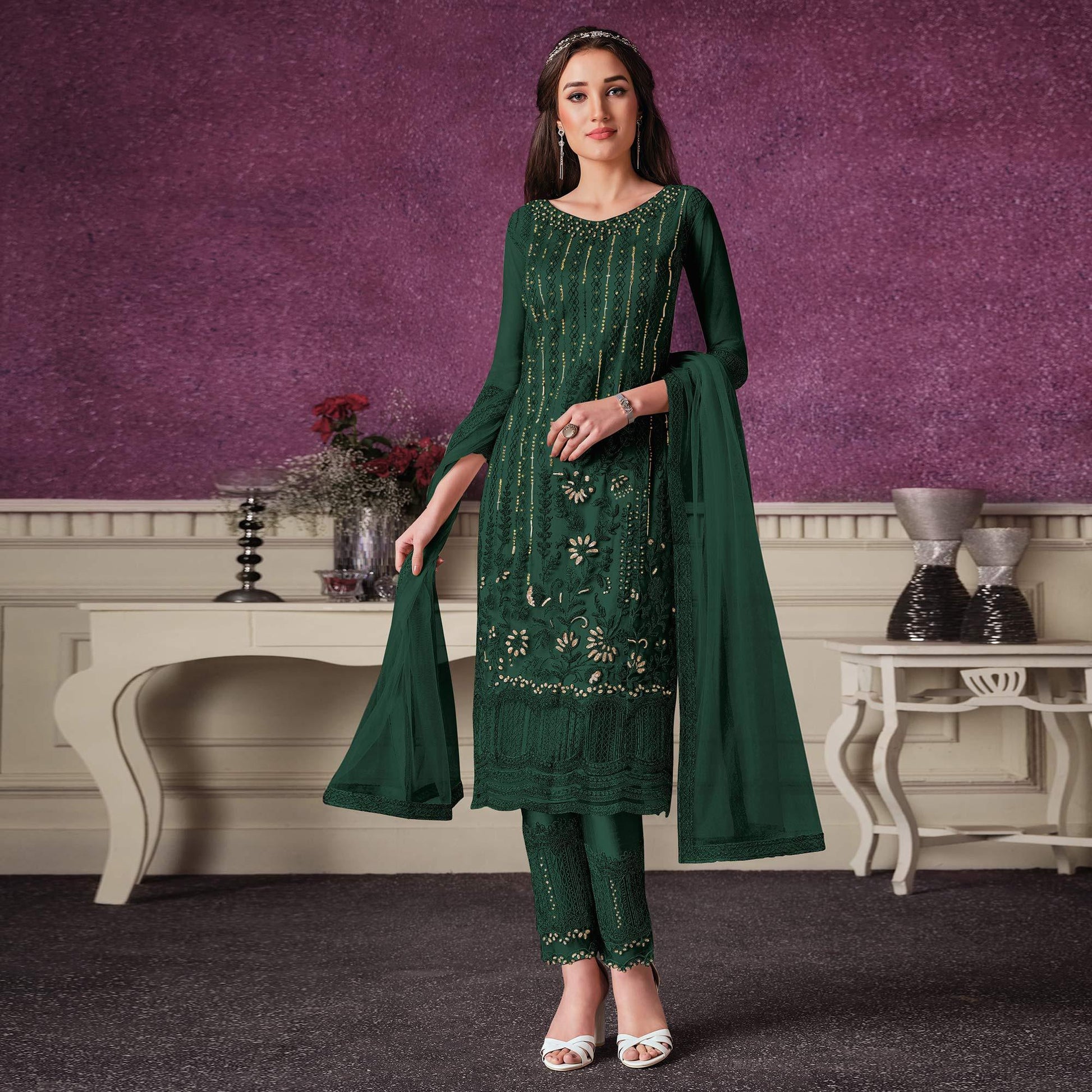 Dark Green Embroidered Butterfly Net Partywear Suit