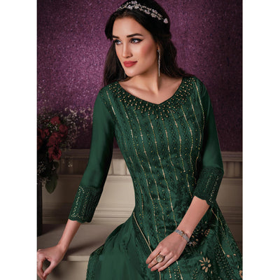 Dark Green Embroidered Butterfly Net Partywear Suit