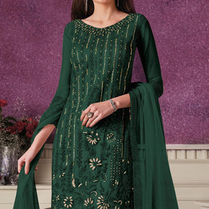 Dark Green Embroidered Butterfly Net Partywear Suit