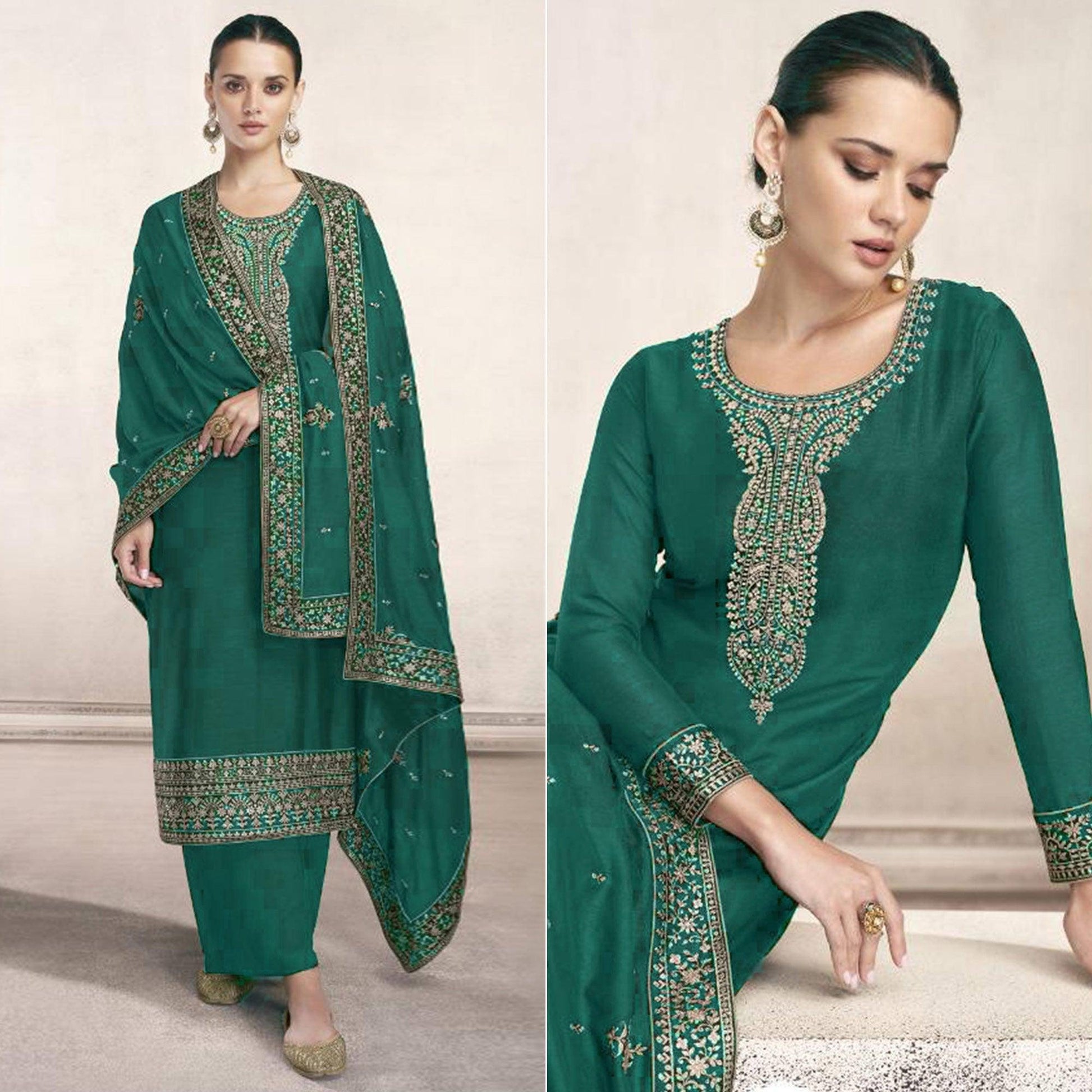 Dark Green Embroidered Dola Silk Salwar Suit