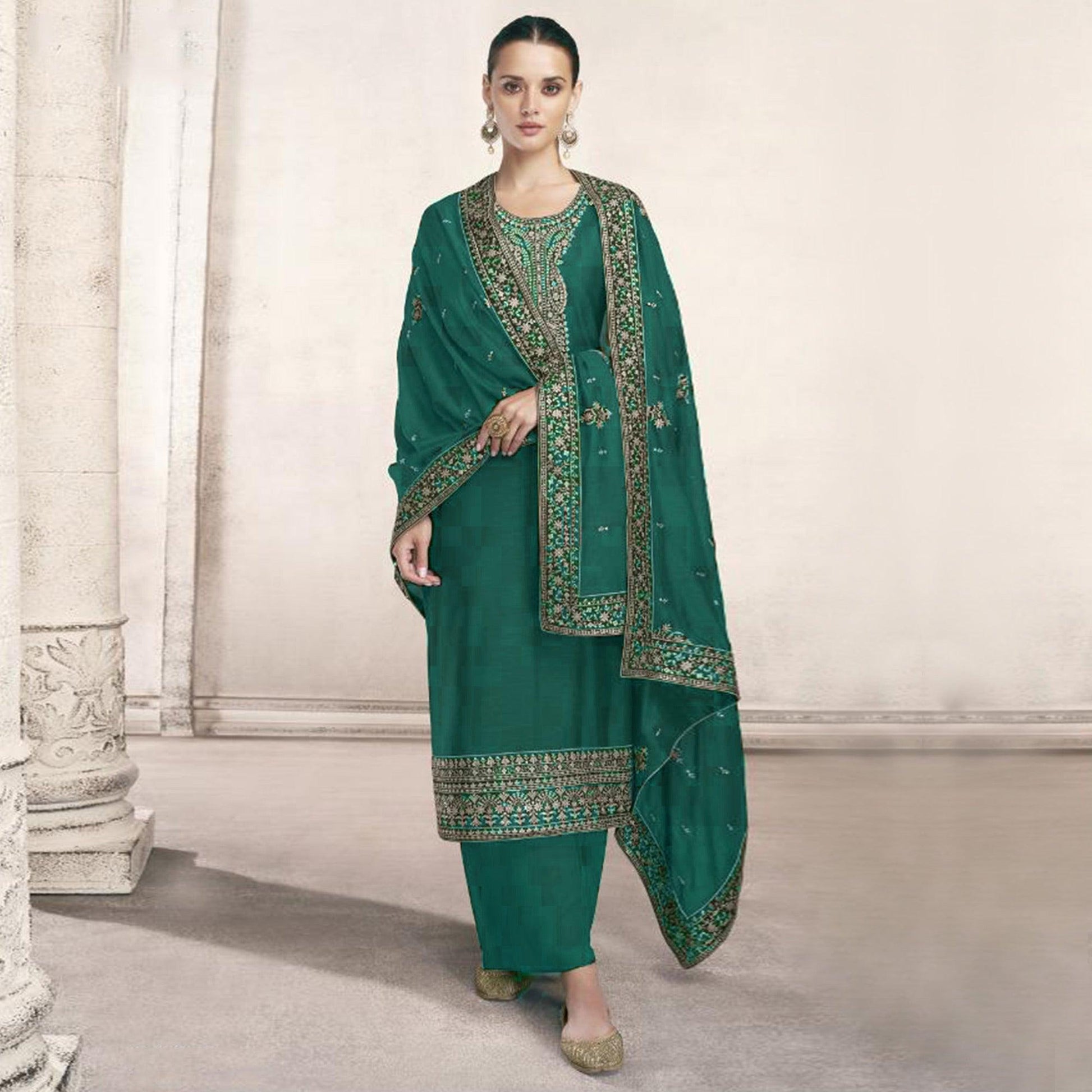 Dark Green Embroidered Dola Silk Salwar Suit