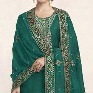 Dark Green Embroidered Dola Silk Salwar Suit