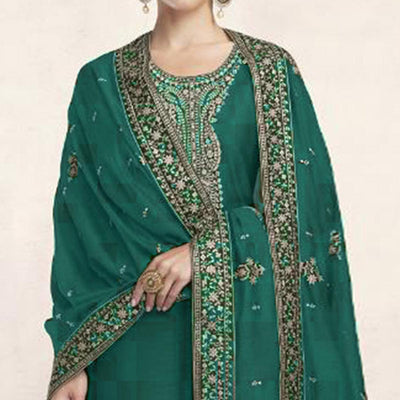Dark Green Embroidered Dola Silk Salwar Suit