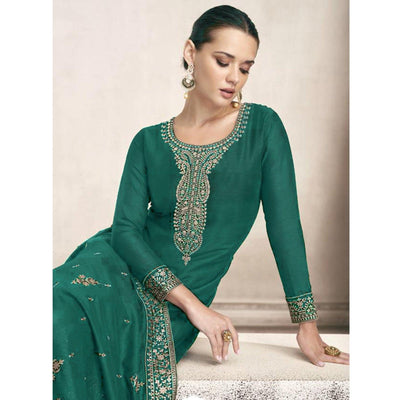 Dark Green Embroidered Dola Silk Salwar Suit