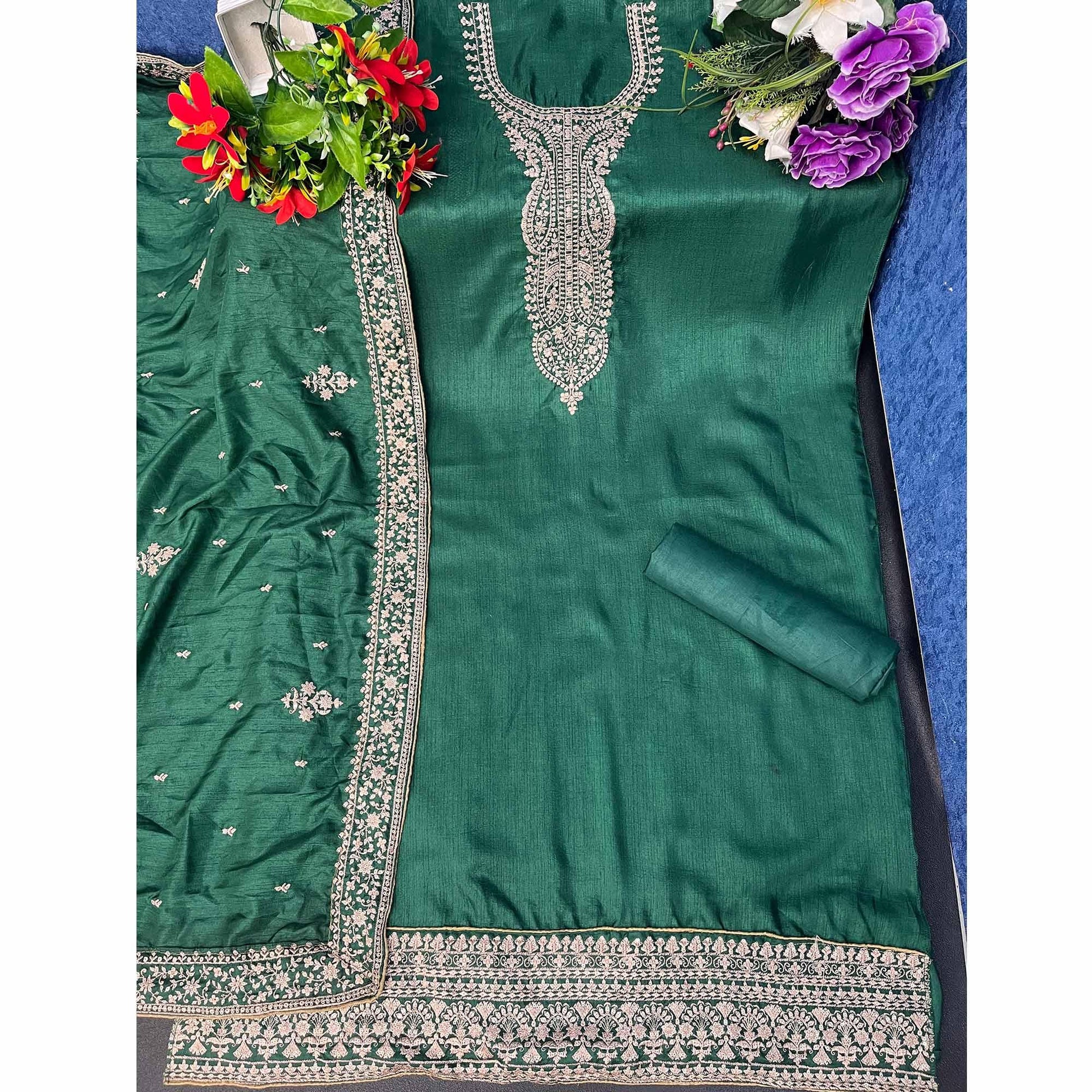 Dark Green Embroidered Dola Silk Salwar Suit