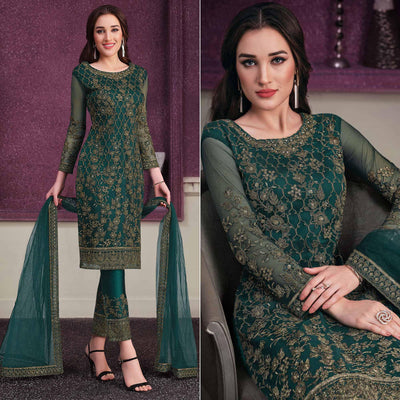 Dark Green Embroidered Netted Suit