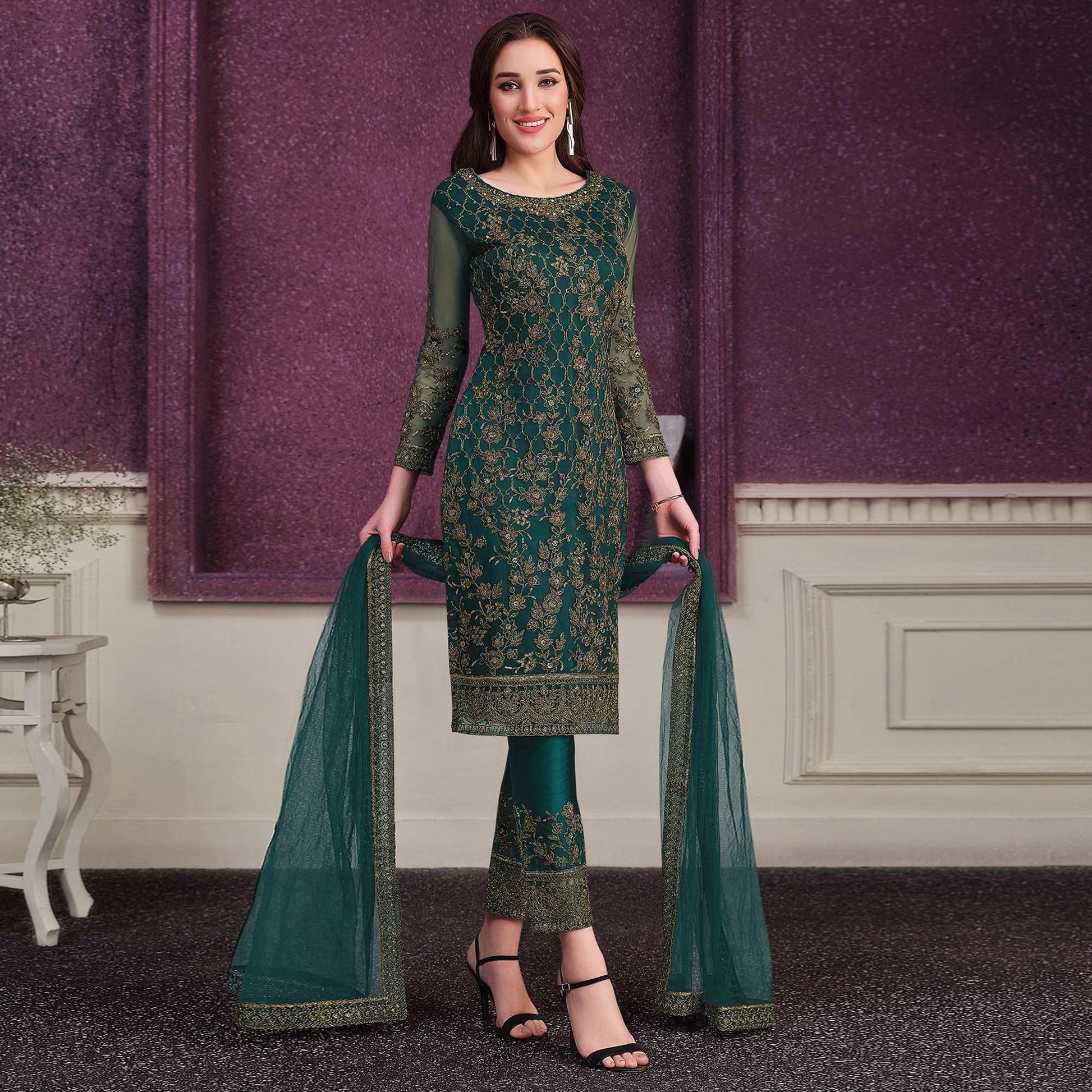 Dark Green Embroidered Netted Suit