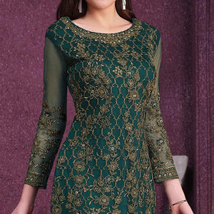 Dark Green Embroidered Netted Suit