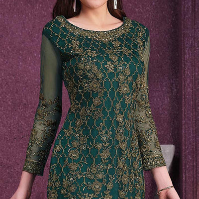 Dark Green Embroidered Netted Suit