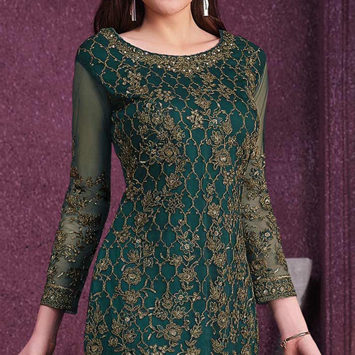 Dark Green Embroidered Netted Suit