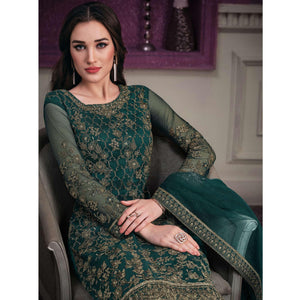 Dark Green Embroidered Netted Suit