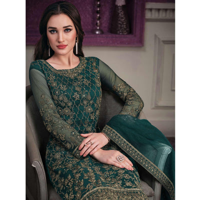 Dark Green Embroidered Netted Suit