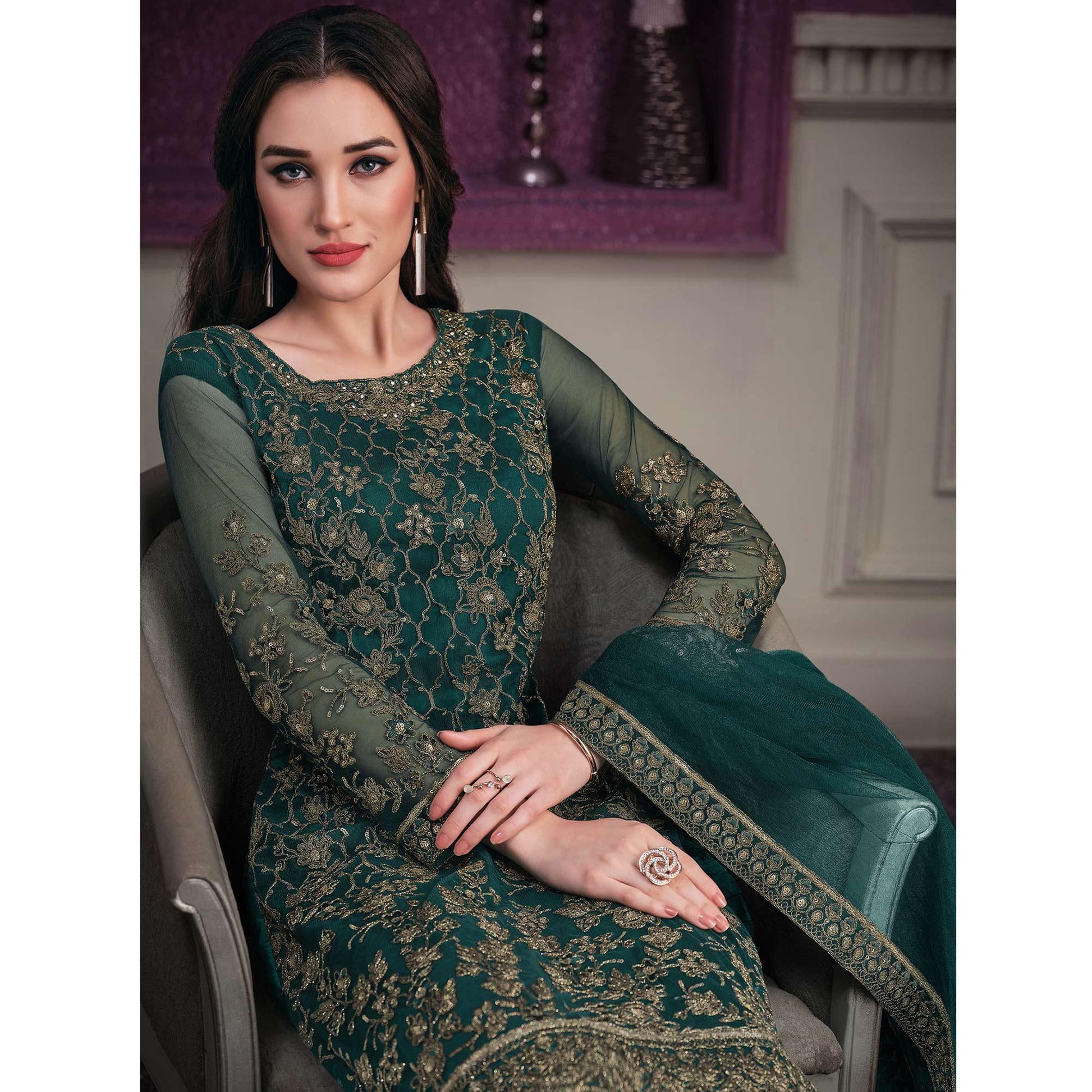 Dark Green Embroidered Netted Suit