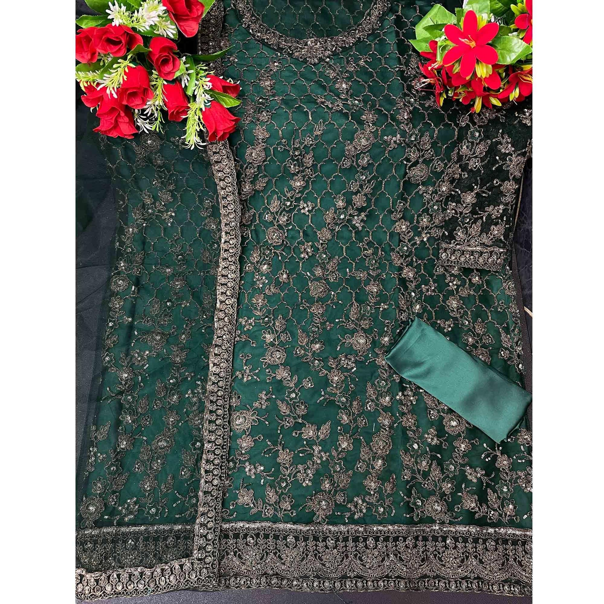 Dark Green Embroidered Netted Suit
