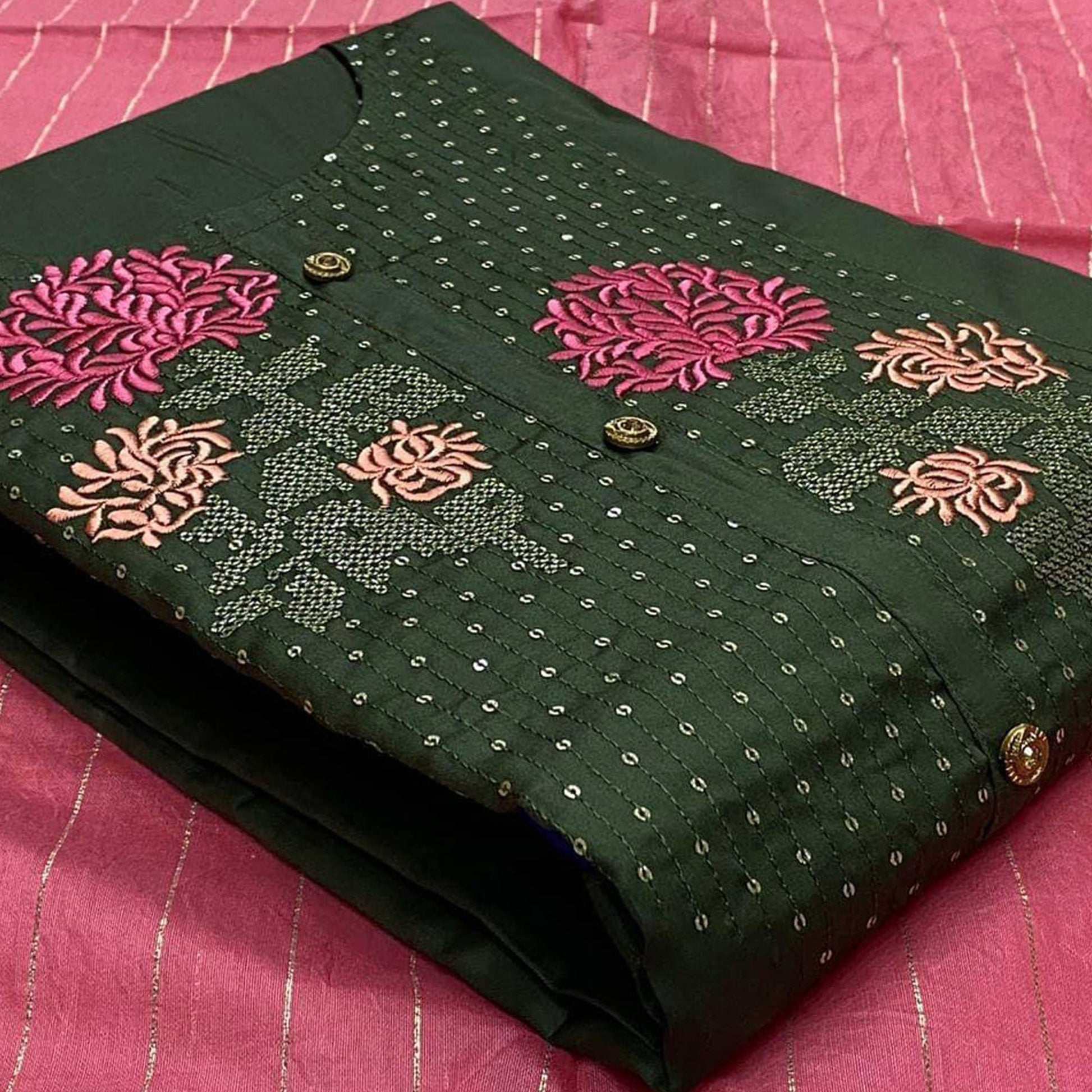 Dark Green Embroidered With Embellished Pure Cotton Dress Material