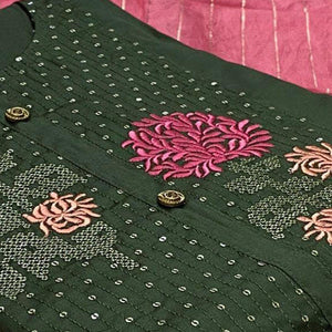 Dark Green Embroidered With Embellished Pure Cotton Dress Material