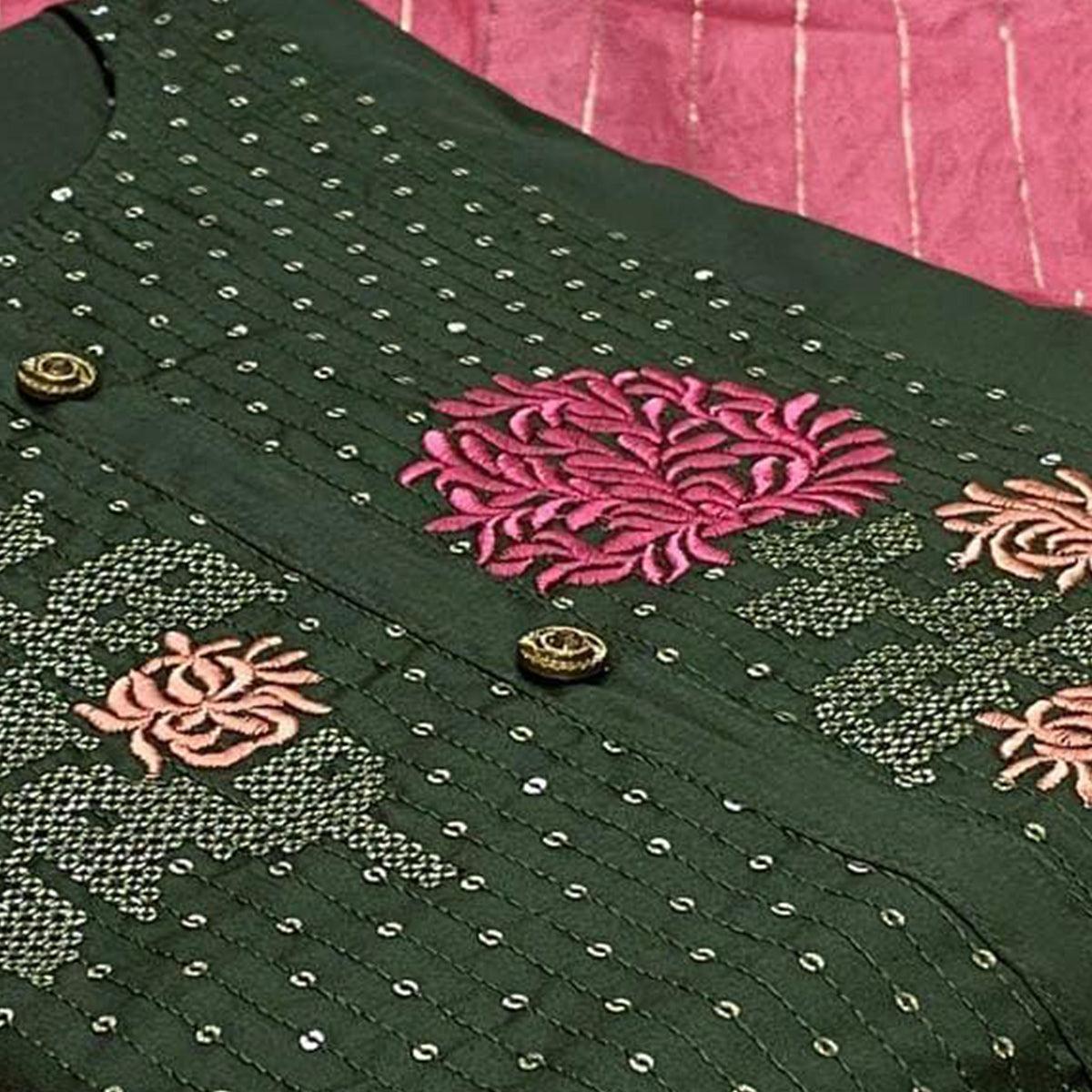 Dark Green Embroidered With Embellished Pure Cotton Dress Material