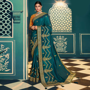 Dark Green Festive Wear Embroidered Silk Saree