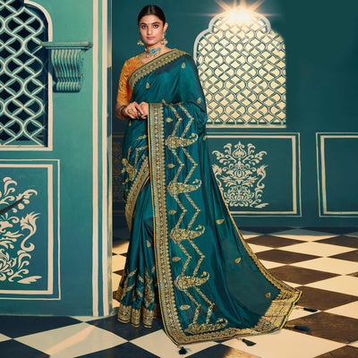 Dark Green Festive Wear Embroidered Silk Saree