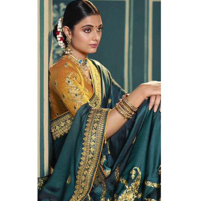 Dark Green Festive Wear Embroidered Silk Saree