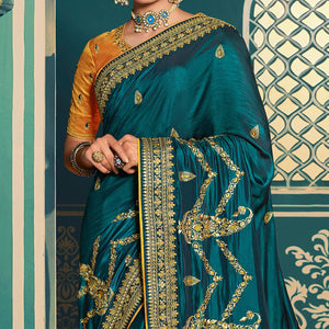 Dark Green Festive Wear Embroidered Silk Saree