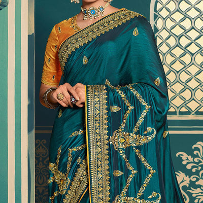 Dark Green Festive Wear Embroidered Silk Saree
