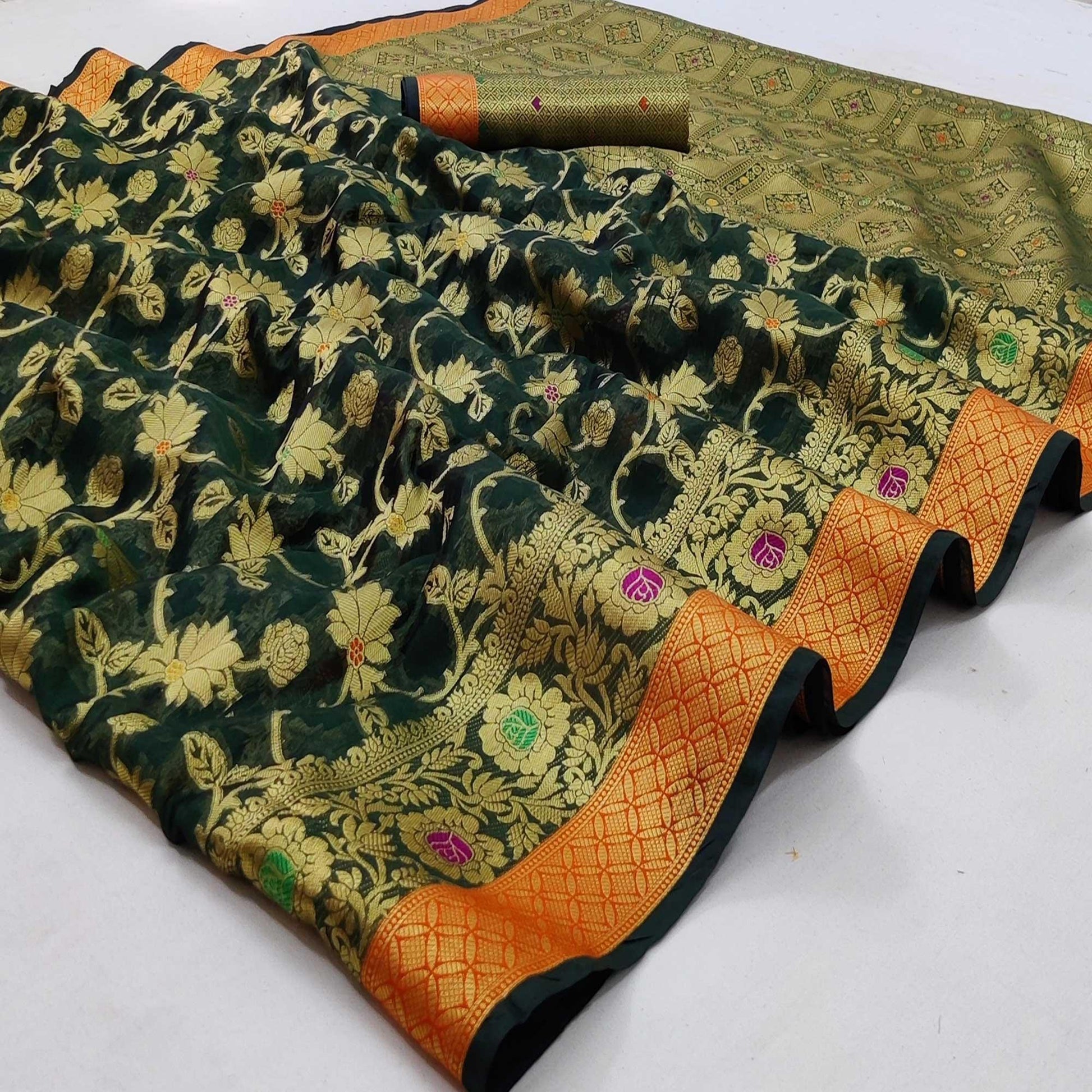Dark Green Festive Wear Floral Woven Organza Saree