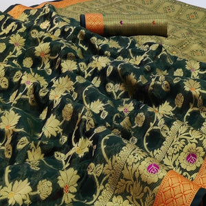 Dark Green Festive Wear Floral Woven Organza Saree