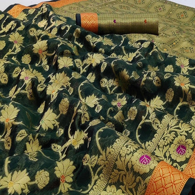 Dark Green Festive Wear Floral Woven Organza Saree