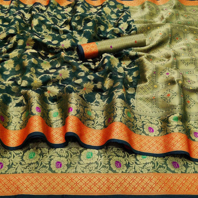 Dark Green Festive Wear Floral Woven Organza Saree