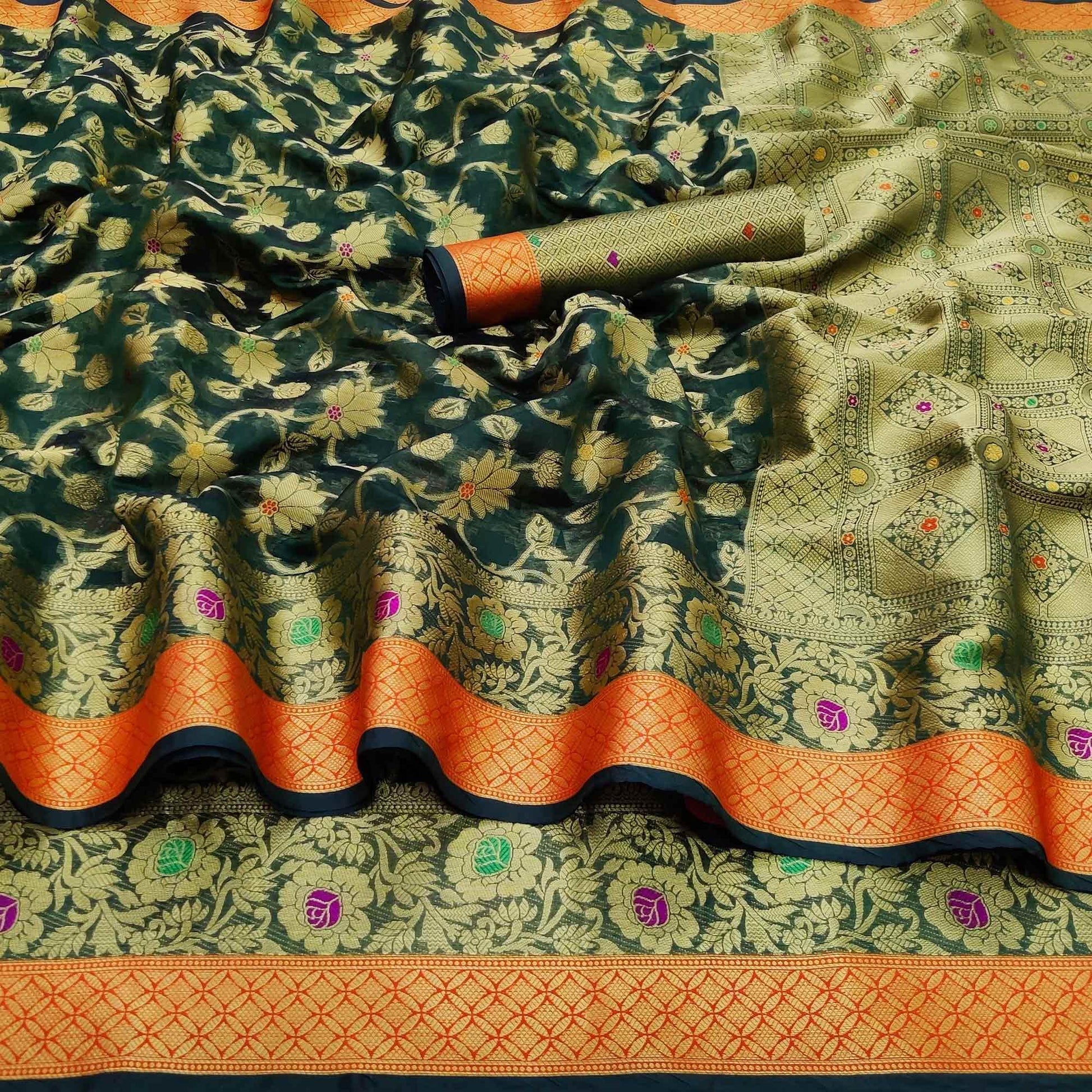 Dark Green Festive Wear Floral Woven Organza Saree