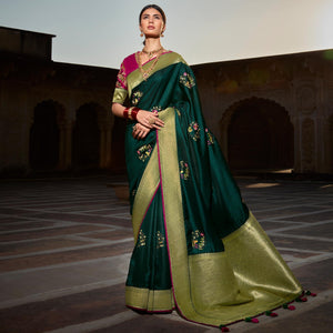 Dark Green Festive Wear Floral Woven With Emrboidered Silk Saree