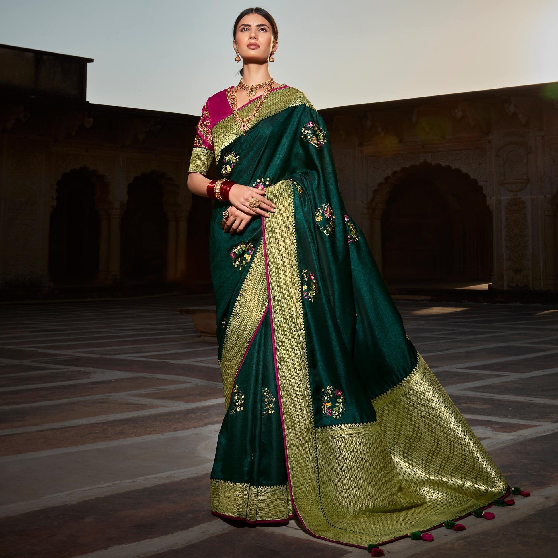 Dark Green Festive Wear Floral Woven With Emrboidered Silk Saree