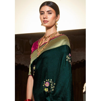 Dark Green Festive Wear Floral Woven With Emrboidered Silk Saree
