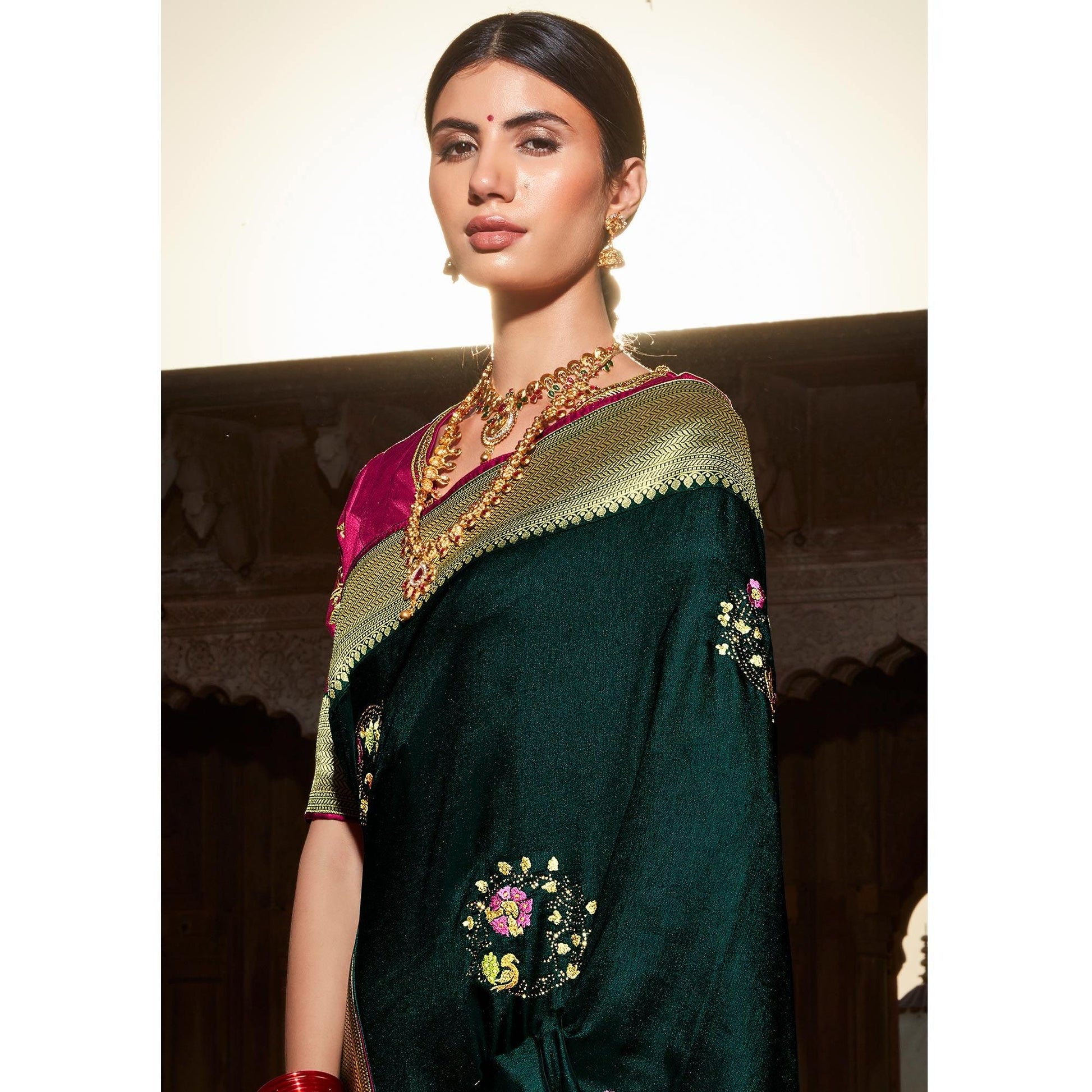 Dark Green Festive Wear Floral Woven With Emrboidered Silk Saree