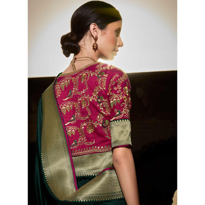 Dark Green Festive Wear Floral Woven With Emrboidered Silk Saree