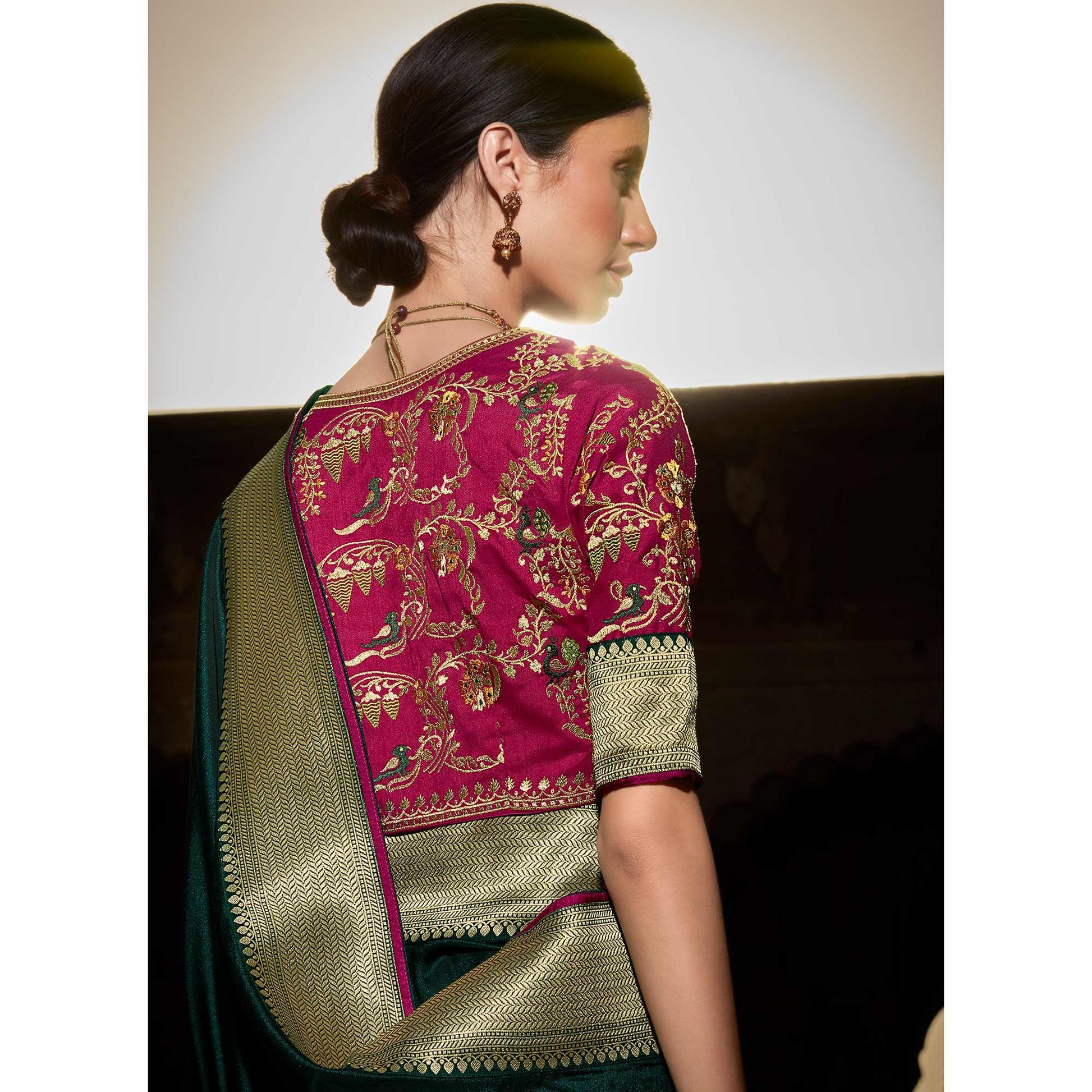 Dark Green Festive Wear Floral Woven With Emrboidered Silk Saree